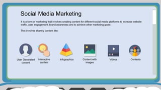 Social Media Marketing
It is a form of marketing that involves creating content for different social media platforms to increase website
traffic, user engagement, brand awareness and to achieve other marketing goals
This involves sharing content like:
Interactive
content
Infographics Content with
images
Videos ContestsUser Generated
content
 