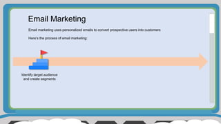 Email Marketing
Email marketing uses personalized emails to convert prospective users into customers
Here’s the process of email marketing:
Identify target audience
and create segments
 