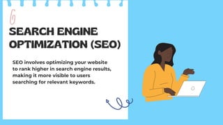 SEARCH ENGINE
OPTIMIZATION (SEO)
SEO involves optimizing your website
to rank higher in search engine results,
making it more visible to users
searching for relevant keywords.
 