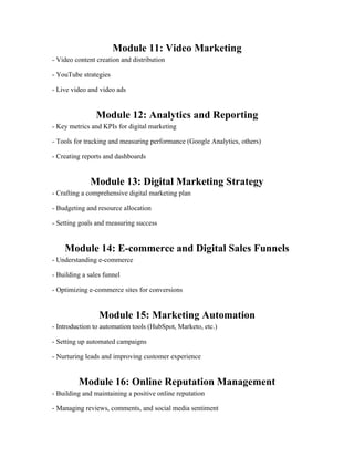 Module 11: Video Marketing
- Video content creation and distribution
- YouTube strategies
- Live video and video ads
Module 12: Analytics and Reporting
- Key metrics and KPIs for digital marketing
- Tools for tracking and measuring performance (Google Analytics, others)
- Creating reports and dashboards
Module 13: Digital Marketing Strategy
- Crafting a comprehensive digital marketing plan
- Budgeting and resource allocation
- Setting goals and measuring success
Module 14: E-commerce and Digital Sales Funnels
- Understanding e-commerce
- Building a sales funnel
- Optimizing e-commerce sites for conversions
Module 15: Marketing Automation
- Introduction to automation tools (HubSpot, Marketo, etc.)
- Setting up automated campaigns
- Nurturing leads and improving customer experience
Module 16: Online Reputation Management
- Building and maintaining a positive online reputation
- Managing reviews, comments, and social media sentiment
 