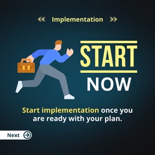 Implementation
Start implementation once you
are ready with your plan.
NOW
Next
 