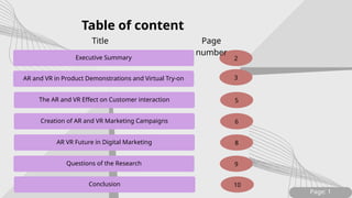 Page: 1
Executive Summary 2
Table of content
Title Page
number
AR and VR in Product Demonstrations and Virtual Try-on 3
The AR and VR Effect on Customer interaction 5
Creation of AR and VR Marketing Campaigns 6
AR VR Future in Digital Marketing 8
Questions of the Research 9
Conclusion 10
 