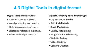 4.3 Digital Tools in digital format
Digital tools and resources:
• An interactive whiteboard
• Word processing documents.
• Slide presentation software.
• Electronic reference materials.
• Tablet and cellphone apps
Digital Marketing Tools by Strategy:
• Organic Social Media.
• Paid Social Media.
• Email Marketing.
• Display Retargeting.
• Programmatic Advertising.
• Website Testing.
• Video Hosting.
• Content Creation.
 