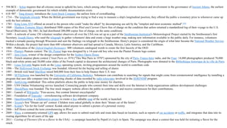 • 594 BCE – Solon requires that all citizens swear to uphold his laws, which among other things, strengthens citizen inclusion and involvement in the governance of Ancient Athens, the earliest
example of democratic government for which reliable documentation exists
• 618–907 – Tang dynasty introduces the Joint-Stock Company the earliest form of crowdfunding
• 1714 – The longitude rewards: When the British government was trying to find a way to measure a ship's longitudinal position, they offered the public a monetary prize to whomever came up
with the best solution.
• 1783 – King Louis XVI offered an award to the person who could "make the alkali" by decomposing sea salt by the "simplest and most economic method".[22]
• 1848 – Matthew Fontaine Maury distributed 5000 copies of his Wind and Current Charts free of charge on the condition that sailors returned a standardized log of their voyage to the U.S.
Naval Observatory. By 1861, he had distributed 200,000 copies free of charge, on the same conditions
• 1849 – A network of some 150 volunteer weather observers all over the USA was set up as a part of the Smithsonian Institution's Meteorological Project started by the Smithsonian's first
Secretary, Joseph Henry, who used the telegraph to gather volunteers' data and create a large weather map, making new information available to the public daily. For instance, volunteers
tracked a tornado passing through Wisconsin and sent the findings via telegraph to the Smithsonian. Henry's project is considered the origin of what later became the National Weather Service.
Within a decade, the project had more than 600 volunteer observers and had spread to Canada, Mexico, Latin America, and the Caribbean.
• 1884 – Publication of the Oxford English Dictionary: 800 volunteers catalogued words to create the first fascicle of the OED
• 1916 – Planters Peanuts contest: The Mr. Peanut logo was designed by a 14-year-old boy who won the Planter Peanuts logo contest.
• 1957 – Jørn Utzon, winner of the design competition for the Sydney Opera House
• 1970 – French amateur photo contest C'était Paris en 1970 ("This Was Paris in 1970") sponsored by the city of Paris, France-Inter radio, and the Fnac: 14,000 photographers produced 70,000
black-and-white prints and 30,000 color slides of the French capital to document the architectural changes of Paris. Photographs were donated to the Bibliothèque historique de la ville de Paris.
• 1991 – Linus Torvalds begins work on the Linux operating system, inviting programmers around the world to contribute code
• 1996 – The Hollywood Stock Exchange was founded: Allowed for the buying and selling of shares
• 1997 – British rock band Marillion raised $60,000 from their fans to help finance their U.S. tour.
• 1999 – SETI@home was launched by the University of California, Berkeley. Volunteers can contribute to searching for signals that might come from extraterrestrial intelligence by installing a
program that uses idle computer time for analyzing chunks of data recorded by radio telescopes involved in the SERENDIP program.
• 2000 – JustGiving established: This online platform allows the public to help raise money for charities.
• 2000 – UNV Online Volunteering service launched: Connecting people who commit their time and skills over the Internet to help organizations address development challenges
• 2000 – iStockPhoto was founded: The free stock imagery website allows the public to contribute to and receive commission for their contributions.
• 2001 – Launch of Wikipedia: "Free-access, free content Internet encyclopedia"
• 2001 – Foundation of Topcoder – crowdsourcing software development company.
• 2004 – OpenStreetMap, a collaborative project to create a free editable map of the world, is launched.
• 2004 – Toyota's first "Dream car art" contest: Children were asked globally to draw their "dream car of the future".
• 2005 – Kodak's "Go for the Gold" contest: Kodak asked anyone to submit a picture of a personal victory.
• 2006 – Jeff Howe coined the term crowdsourcing in Wired.
• 2009 – Waze, a community-oriented GPS app, allows for users to submit road info and route data based on location, such as reports of car accidents or traffic, and integrates that data into its
routing algorithms for all users of the app
• 2011 – Casting of Flavours (Do us a flavor in the USA) – a campaign launched by PepsiCo's Lay's in Spain. The campaign was about a contest that was held for initiating a flavor for the
snack.
 