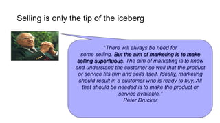 Selling is only the tip of the iceberg
1-9
“There will always be need for
some selling. But the aim of marketing is to make
selling superfluous. The aim of marketing is to know
and understand the customer so well that the product
or service fits him and sells itself. Ideally, marketing
should result in a customer who is ready to buy. All
that should be needed is to make the product or
service available.”
Peter Drucker
 