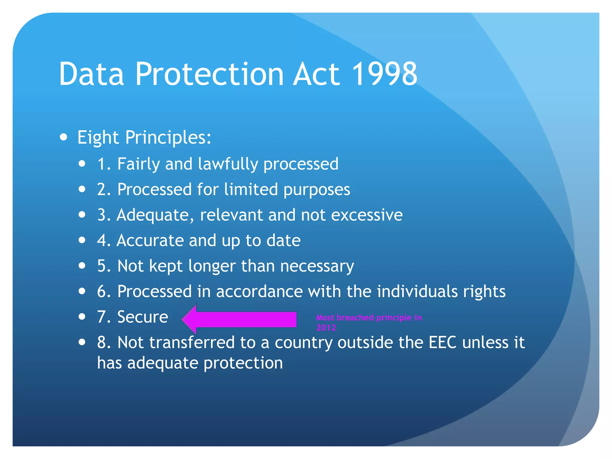 Data Protection Act 1998
 Eight Principles:
 1. Fairly and lawfully processed
 2. Processed for limited purposes
 3. Adequate, relevant and not excessive
 4. Accurate and up to date
 5. Not kept longer than necessary
 6. Processed in accordance with the individuals rights
 7. Secure
 8. Not transferred to a country outside the EEC unless it
has adequate protection
Most breached principle in
2012
 