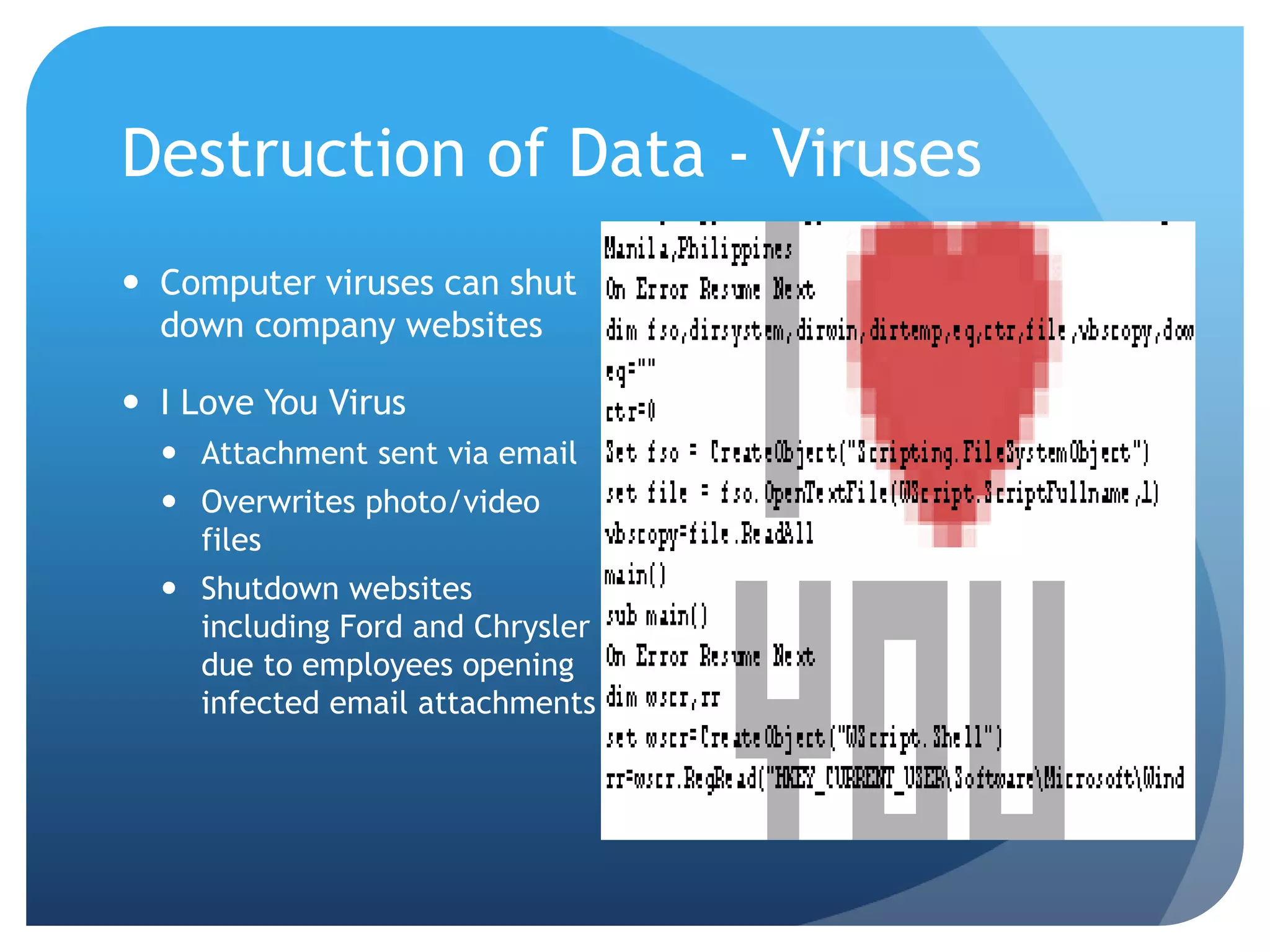Destruction of Data - Viruses
 Computer viruses can shut
down company websites
 I Love You Virus
 Attachment sent via email
 Overwrites photo/video
files
 Shutdown websites
including Ford and Chrysler
due to employees opening
infected email attachments
 