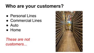Who are your customers? 
● Personal Lines 
● Commercial Lines 
● Auto 
● Home 
These are not 
customers... 
 