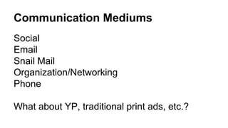 Communication Mediums 
Social 
Email 
Snail Mail 
Organization/Networking 
Phone 
What about YP, traditional print ads, etc.? 
 