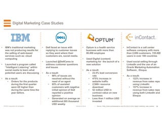 29EFESO © 2015EFESO Instructions for templates
Digital Marketing Case Studies
• Optum is a health service
business with more than
80,000 employee
• Used Digital (content)
marketing for the launch of a
new solution
• As a result:
• 23.5% lead conversion
rate
• 475% increase in
website traffic
• 2,500+ resource
download
• 52 million USD in
contract value on new
business
• Less than 1 million USD
invested
• InContact is a call center
software company with more
than 2,000 customers, 155,000
users in over 100 countries
• Used social selling through
LinkedIn and the use of an
Oracle Marketing Automation
Software , Eloqua.
• As a result:
• 122% increase in
revenue from sales reps
using LinkedIn
• 157% increase in
revenue from sales reps
using both LinkedIn and
Eloqua
• Dell faced an issue with
replying to customer issues
so they went where their
customers are, social media.
• Launched @DellCares to
address customer questions
and issues
• As a result:
• 98% of issues are
resolved without the
need of an agent
• 85% of assisted
customers with negative
initial opinion of Dell
reported a positive
opinion
• Generated on average an
additional 265 thousand
USD weekly
• IBM’s traditional marketing
was not producing results for
the selling of web-based
services such as: cloud
computing
• Launched a program called
“Intelligent Listening” within
social media to learn what
potential users are discussing
• As a result:
• Orders for the products
during the first quarter
were 4X higher than
during the same time the
year before.
• Source: hhttp://www.businessesgrow.com/2015/05/21/b2b-digital-marketing-case-studies/
 