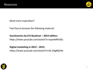 65	
  
socialab	
  
Resources	
  
	
  
Need	
  more	
  inspira.on?	
  
	
  
Feel	
  free	
  to	
  browse	
  the	
  following	
  material:	
  
	
  
Socialnomics	
  by	
  Eril	
  Qualman	
  –	
  2014	
  edion:	
  
hWps://www.youtube.com/watch?v=zxpa4dNVd3c	
  	
  
	
  
Digital	
  markeng	
  in	
  2012	
  –	
  2015:	
  
hWps://www.youtube.com/watch?v=kk-­‐2Ag8QV4o	
  
	

	
  
	
  
 
