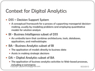 Context for Digital Analytics
 DSS – Decision Support System
 A conceptual framework for a process of supporting managerial decision-
making, usually by modeling problems and employing quantitative
models for solution analysis
 BI - Business Intelligence subset of DSS
 An umbrella term that combines architectures, tools, databases,
applications, and methodologies
 BA - Business Analytics subset of BI
 The application of models directly to business data
 Assists in making strategic decisions
 DA – Digital Analytics subset of BA
 The application of business analytics activities to Web-based processes,
including e-commerceCopyright: gayatrichoda@gmail.com 8/23/2013
 