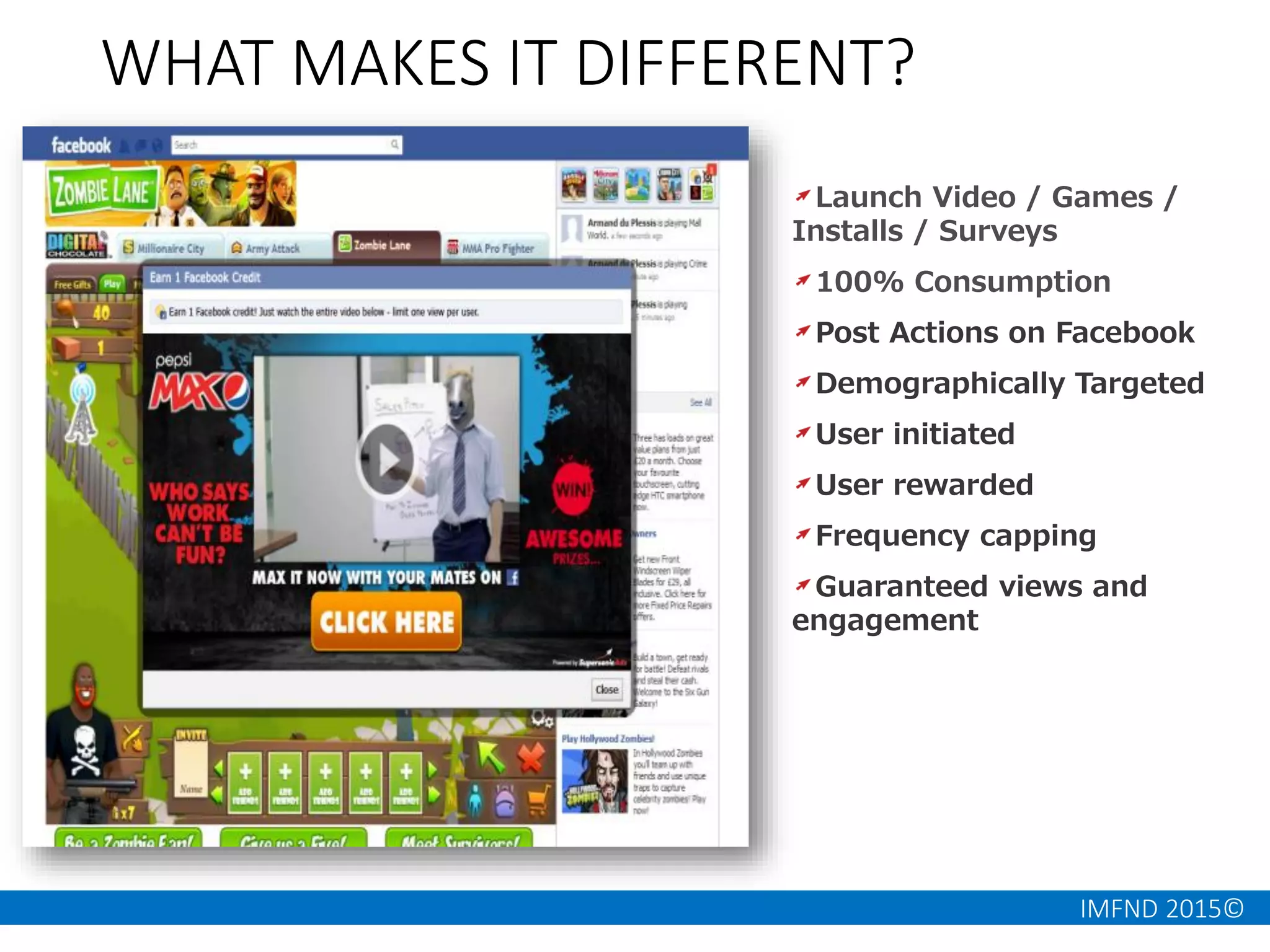 IMFND 2015©
WHAT MAKES BRANDCONNECT™ DIFFERENT?
Launch Video / Games /
Installs / Surveys
100% Consumption
Post Actions on Facebook
Demographically Targeted
User initiated
User rewarded
Frequency capping
Guaranteed views and
engagement
WHAT MAKES IT DIFFERENT?
 