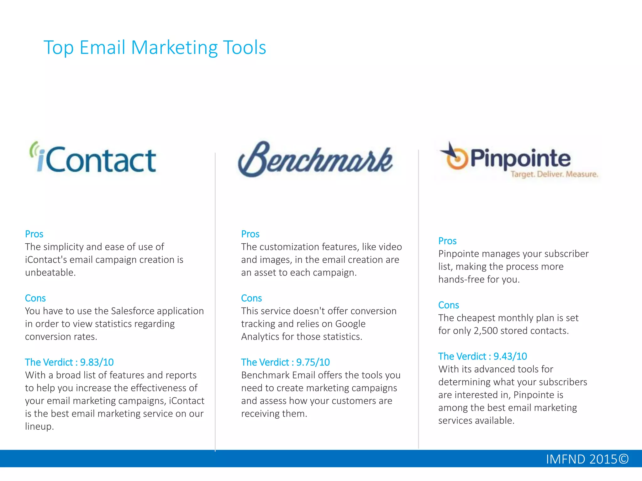 IMFND 2015©
Top Email Marketing Tools
Pros
The simplicity and ease of use of
iContact's email campaign creation is
unbeatable.
Cons
You have to use the Salesforce application
in order to view statistics regarding
conversion rates.
The Verdict : 9.83/10
With a broad list of features and reports
to help you increase the effectiveness of
your email marketing campaigns, iContact
is the best email marketing service on our
lineup.
Pros
The customization features, like video
and images, in the email creation are
an asset to each campaign.
Cons
This service doesn't offer conversion
tracking and relies on Google
Analytics for those statistics.
The Verdict : 9.75/10
Benchmark Email offers the tools you
need to create marketing campaigns
and assess how your customers are
receiving them.
Pros
Pinpointe manages your subscriber
list, making the process more
hands-free for you.
Cons
The cheapest monthly plan is set
for only 2,500 stored contacts.
The Verdict : 9.43/10
With its advanced tools for
determining what your subscribers
are interested in, Pinpointe is
among the best email marketing
services available.
 