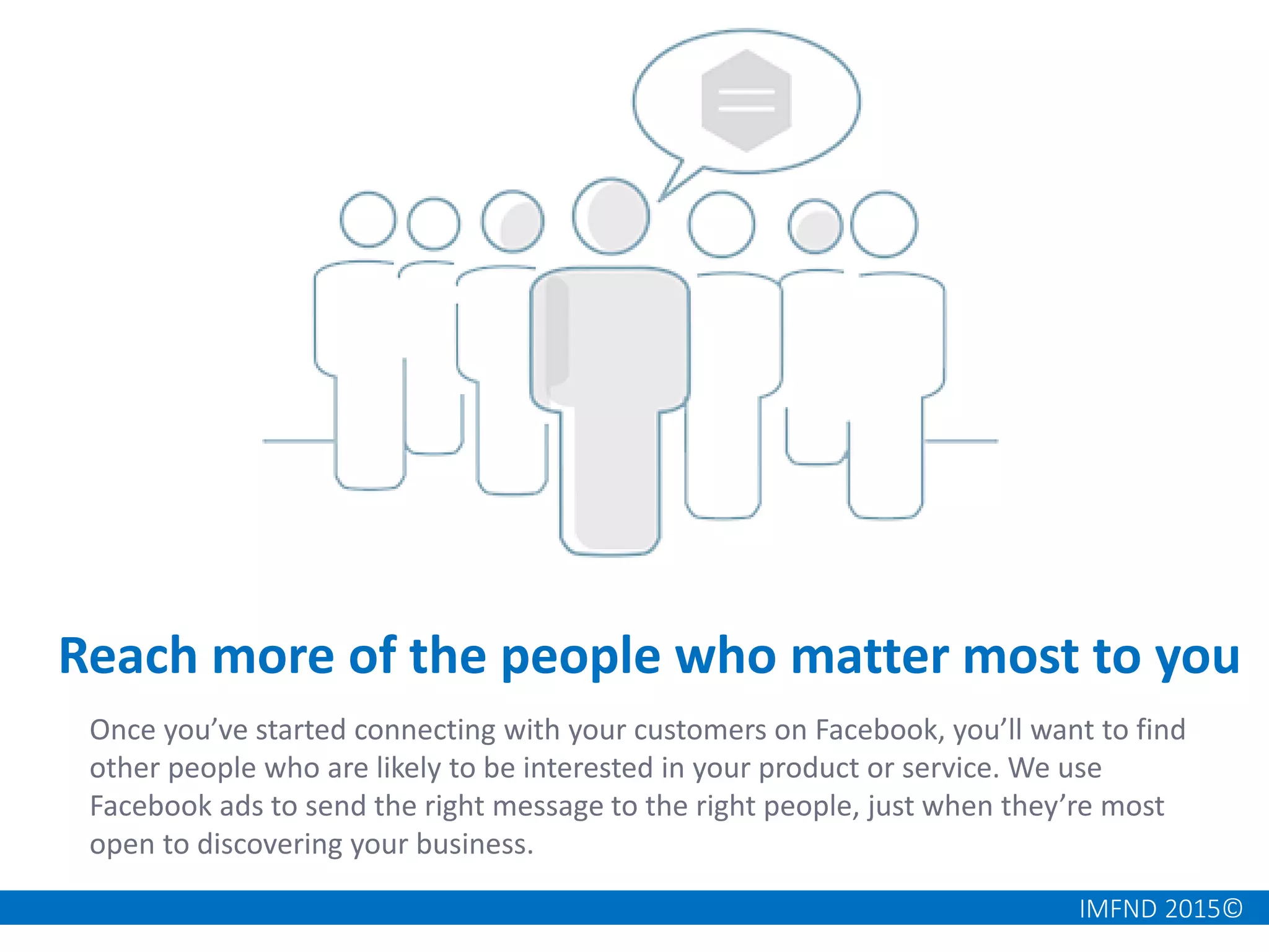 IMFND 2015©
Reach more of the people who matter most to you
Once you’ve started connecting with your customers on Facebook, you’ll want to find
other people who are likely to be interested in your product or service. We use
Facebook ads to send the right message to the right people, just when they’re most
open to discovering your business.
 