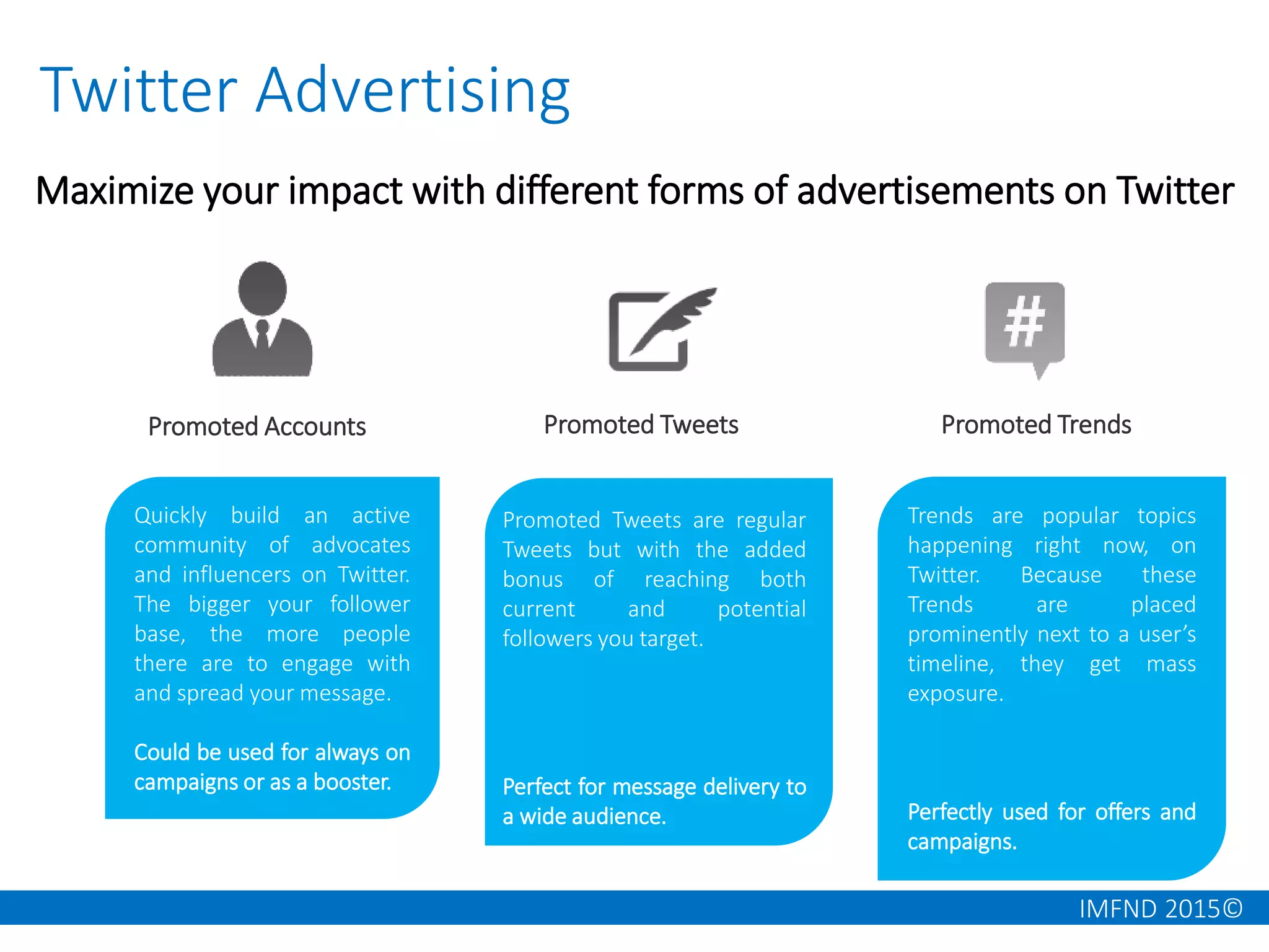 IMFND 2015©
Quickly build an active
community of advocates
and influencers on Twitter.
The bigger your follower
base, the more people
there are to engage with
and spread your message.
Could be used for always on
campaigns or as a booster.
Promoted Accounts Promoted Tweets
Promoted Tweets are regular
Tweets but with the added
bonus of reaching both
current and potential
followers you target.
Perfect for message delivery to
a wide audience.
Trends are popular topics
happening right now, on
Twitter. Because these
Trends are placed
prominently next to a user’s
timeline, they get mass
exposure.
Perfectly used for offers and
campaigns.
Promoted Trends
Twitter Advertising
Maximize your impact with different forms of advertisements on Twitter
 
