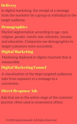Delivery
In digital marketing, the receipt of a message
from the marketer by a group or individual in the
target audience.
Marketing deployed in digital channels that is
measurable.
A visualization of the steps targeted audiences
take from exposure to a message to a
conversion.
Ads that are in the action stage of the customer
journey; often used in ecommerce offers.
Market segmentation according to age, race,
religion, gender, family size, ethnicity, income,
and education. Companies use demographics to
target customers more accurately.
© 2018 digitalvalueadd. All Rights Reserved
Demographics
Digital Marketing
Digital Marketing Funnel
Direct Response Ads
 