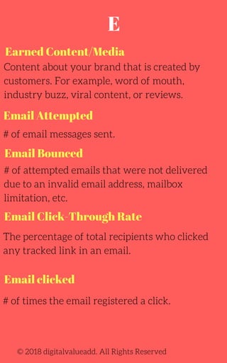 Earned Content/Media
Content about your brand that is created by
customers. For example, word of mouth,
industry buzz, viral content, or reviews.
# of attempted emails that were not delivered
due to an invalid email address, mailbox
limitation, etc.
The percentage of total recipients who clicked
any tracked link in an email.
# of times the email registered a click.
# of email messages sent.
© 2018 digitalvalueadd. All Rights Reserved
Email Attempted
Email Bounced
Email Click-Through Rate
Email clicked
E
 