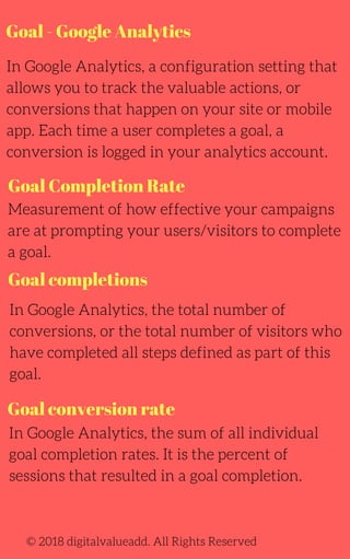 Goal - Google Analytics
In Google Analytics, a configuration setting that
allows you to track the valuable actions, or
conversions that happen on your site or mobile
app. Each time a user completes a goal, a
conversion is logged in your analytics account.
Measurement of how effective your campaigns
are at prompting your users/visitors to complete
a goal.
© 2018 digitalvalueadd. All Rights Reserved
Goal Completion Rate
Goal completions
In Google Analytics, the total number of
conversions, or the total number of visitors who
have completed all steps defined as part of this
goal.
In Google Analytics, the sum of all individual
goal completion rates. It is the percent of
sessions that resulted in a goal completion.
Goal conversion rate
 