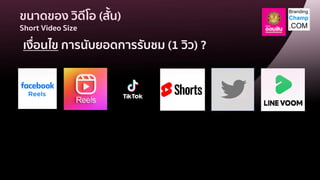 ขนาดของ วิดีโอ (สั้น)
Short Video Size
เงื่อนไข การนับยอดการรับชม (1 วิว) ?
 