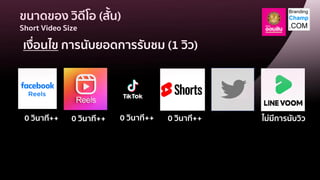 ขนาดของ วิดีโอ (สั้น)
Short Video Size
เงื่อนไข การนับยอดการรับชม (1 วิว)
0 วินาที++ 0 วินาที++ 0 วินาที++ ไม่มีการนับวิว
0 วินาที++
 