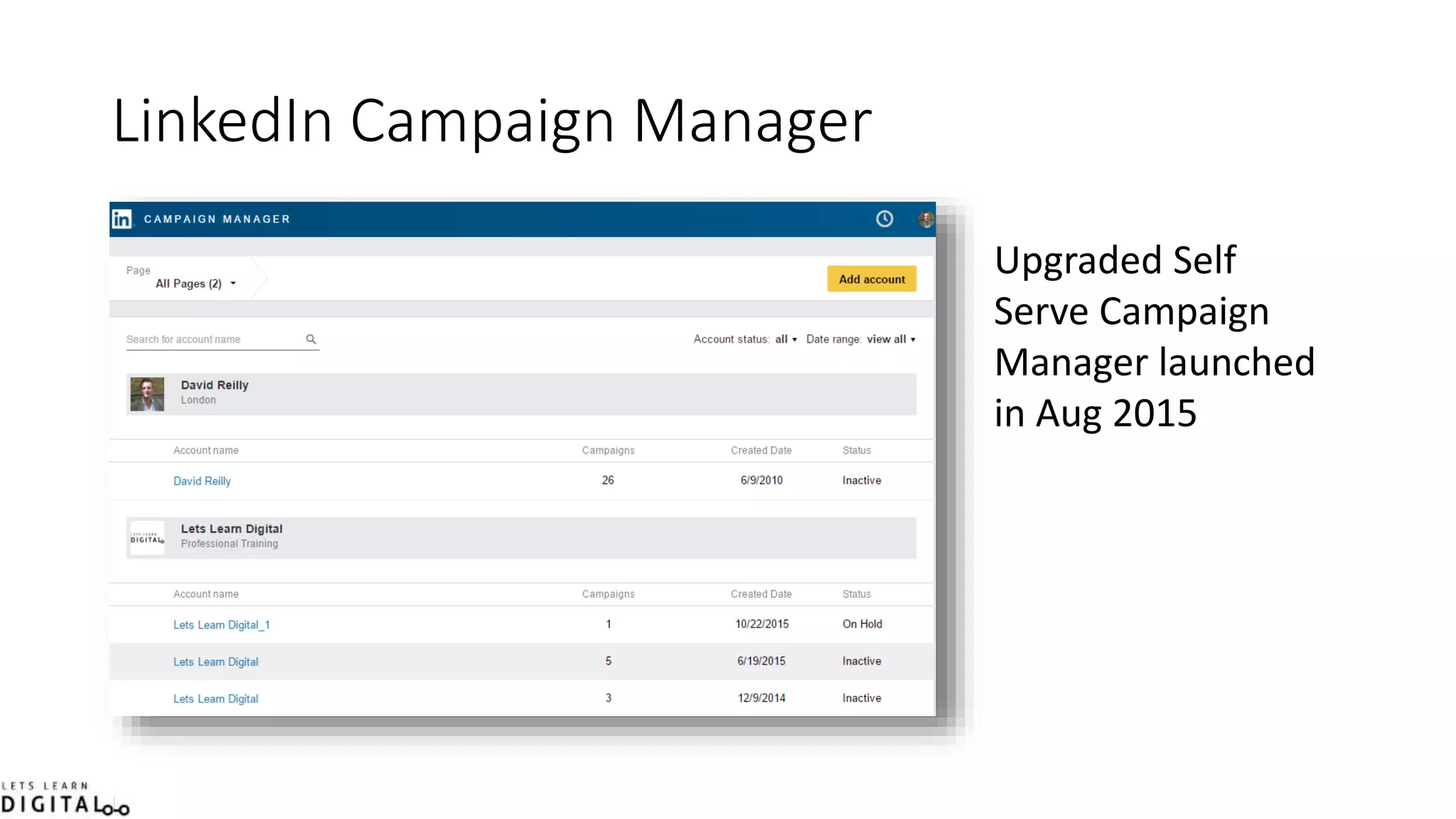 LinkedIn Campaign Manager
Upgraded Self
Serve Campaign
Manager launched
in Aug 2015
 