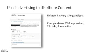 Used advertising to distribute Content
LinkedIn has very strong analytics
Example shows 2597 impressions,
21 clicks, 1 interaction
 