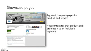 Showcase pages
Segment company pages by
product and service
Host content for that product and
promote it to an individual
segment
 