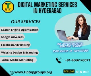 OUR SERVICES
Google AdWords
Facebook Advertising
Search Engine Optimization
Website Design & Branding
www.tiptopgroups.org
Social Media Marketing +91-9666143071


 