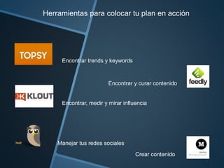 Herramientas para colocar tu plan en acción 
Encontrar trends y keywords 
Encontrar y curar contenido 
Encontrar, medir y mirar influencia 
Manejar tus redes sociales 
Crear contenido 
 