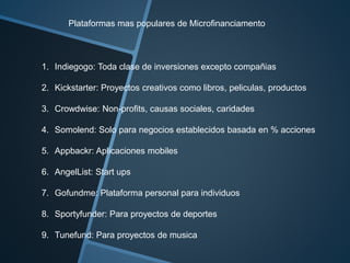 Plataformas mas populares de Microfinanciamento 
1. Indiegogo: Toda clase de inversiones excepto compañias 
2. Kickstarter: Proyectos creativos como libros, peliculas, productos 
3. Crowdwise: Non-profits, causas sociales, caridades 
4. Somolend: Solo para negocios establecidos basada en % acciones 
5. Appbackr: Aplicaciones mobiles 
6. AngelList: Start ups 
7. Gofundme: Plataforma personal para individuos 
8. Sportyfunder: Para proyectos de deportes 
9. Tunefund: Para proyectos de musica 
