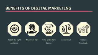 BENEFITS OF DIGITAL MARKETING
Reach the right
Audience.
Maximum ROI Time and Effort
Saving.
Economical. Instant
Feedback.
 