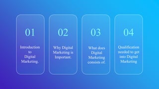 01
Introduction
to
Digital
Marketing.
Why Digital
Marketing is
Important.
What does
Digital
Marketing
consists of.
Qualification
needed to get
into Digital
Marketing
02 03 04
 