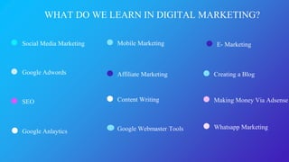 WHAT DO WE LEARN IN DIGITAL MARKETING?
Mobile Marketing
Affiliate Marketing
Google Anlaytics
Social Media Marketing
Google Adwords
SEO
Google Webmaster Tools
E- Marketing
Content Writing
Creating a Blog
Making Money Via Adsense
Whatsapp Marketing
 