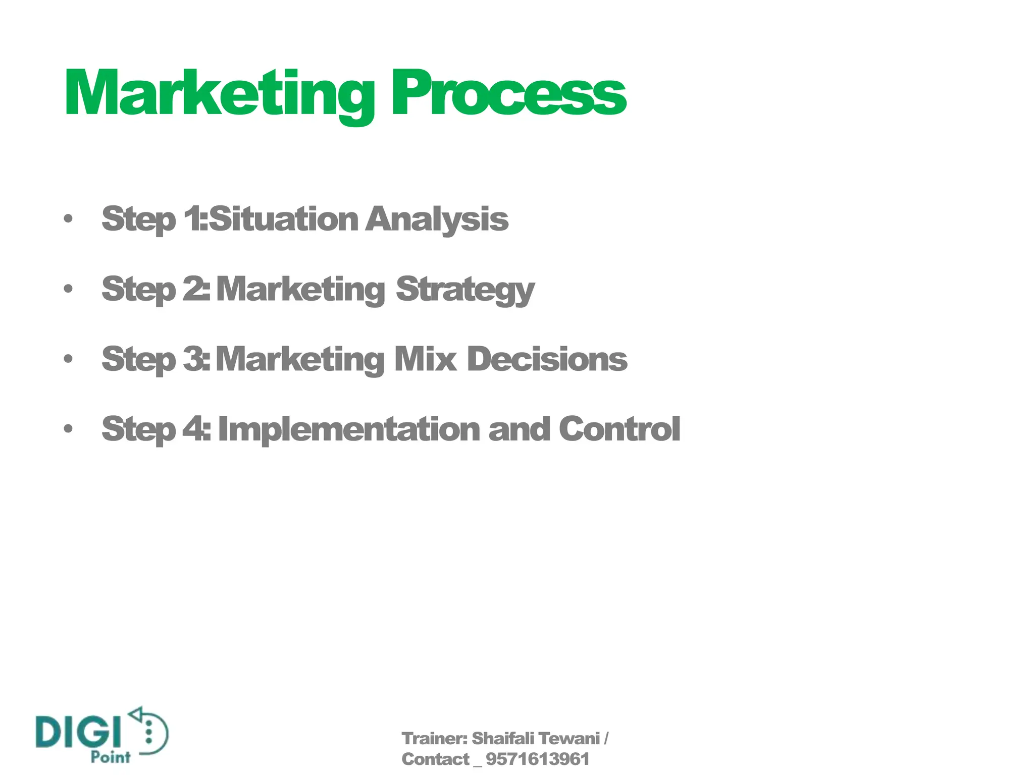 Marketing Process
• Step1:SituationAnalysis
• Step2:Marketing Strategy
• Step3:Marketing Mix Decisions
• Step4:Implementation and Control
Trainer: Shaifali Tewani /
Contact _ 9571613961
 