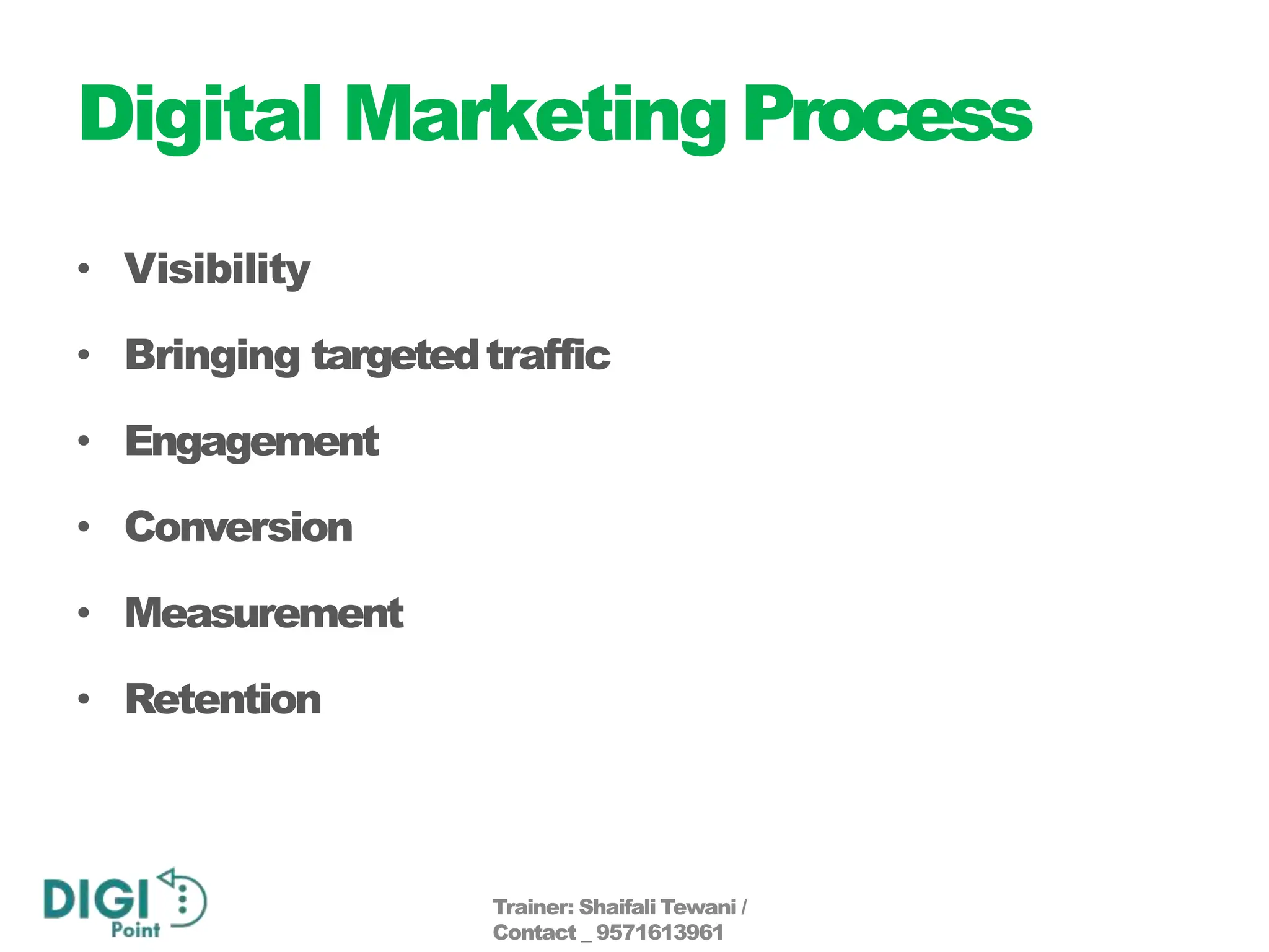 Digital MarketingProcess
• Visibility
• Bringing targetedtraffic
• Engagement
• Conversion
• Measurement
• Retention
Trainer: Shaifali Tewani /
Contact _ 9571613961
 