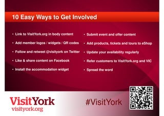 10 Easy Ways to Get Involved

• Link to VisitYork.org in body content      • Submit event and offer content

• Add member ...