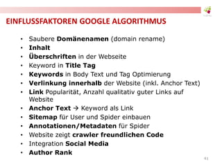 EINFLUSSFAKTOREN GOOGLE ALGORITHMUS
• Saubere Domänenamen (domain rename)
• Inhalt
• Überschriften in der Webseite
• Keyword in Title Tag
• Keywords in Body Text und Tag Optimierung
• Verlinkung innerhalb der Website (inkl. Anchor Text)
• Link Popularität, Anzahl qualitativ guter Links auf
Website
• Anchor Text  Keyword als Link
• Sitemap für User und Spider einbauen
• Annotationen/Metadaten für Spider
• Website zeigt crawler freundlichen Code
• Integration Social Media
• Author Rank
41
 