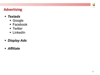 Advertising
 Textads
 Google
 Facebook
 Twitter
 LinkedIn
 Display Ads
 Affiliate
55
 