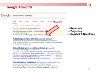 Google Adwords
Texte!!!!
 Keywords
 Targetting
 Angebot & Nachfrage
56
 
