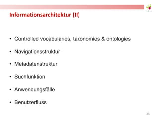 Informationsarchitektur (II)
• Controlled vocabularies, taxonomies & ontologies
• Navigationsstruktur
• Metadatenstruktur
...