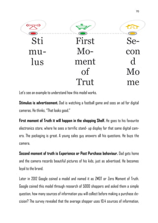 70
Let‘s see an example to understand how this model works.
Stimulus is advertisement. Dad is watching a football game and sees an ad for digital
cameras. He thinks, ―That looks good.‖
First moment of Truth it will happen in the shopping Shelf. He goes to his favourite
electronics store, where he sees a terrific stand- up display for that same digital cam-
era. The packaging is great. A young sales guy answers all his questions. He buys the
camera.
Second moment of truth is Experience or Post Purchase behaviour. Dad gets home
and the camera records beautiful pictures of his kids, just as advertised. He becomes
loyal to the brand.
Later in 2012 Google coined a model and named it as ZMOT or Zero Moment of Truth.
Google coined this model through research of 5000 shoppers and asked them a simple
question, how many sources of information you will collect before making a purchase de-
cision? The survey revealed that the average shopper uses 10.4 sources of information,
Sti
mu-
lus
Se-
con
d
Mo
me
nt
First
Mo-
ment
of
Trut
h
 