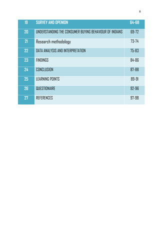 8
19 SURVEY AND OPENION 64-68
20 UNDERSTANDING THE CONSUMER BUYING BEHAVIOUR OF INDIANS 69-72
21 Research methodology 73-74
22 DATA ANALYSIS AND INTERPRETATION 75-83
23 FINDINGS 84-86
24 CONCLUSION 87-88
25 LEARNING POINTS 89-91
26 QUESTIONAIRE 92-96
27 REFERENCES 97-98
 
