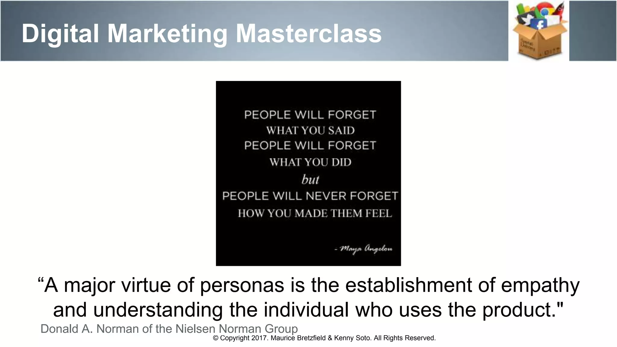 Digital Marketing Masterclass
© Copyright 2017. Maurice Bretzfield & Kenny Soto. All Rights Reserved.
“A major virtue of personas is the establishment of empathy
and understanding the individual who uses the product."
Donald A. Norman of the Nielsen Norman Group
 