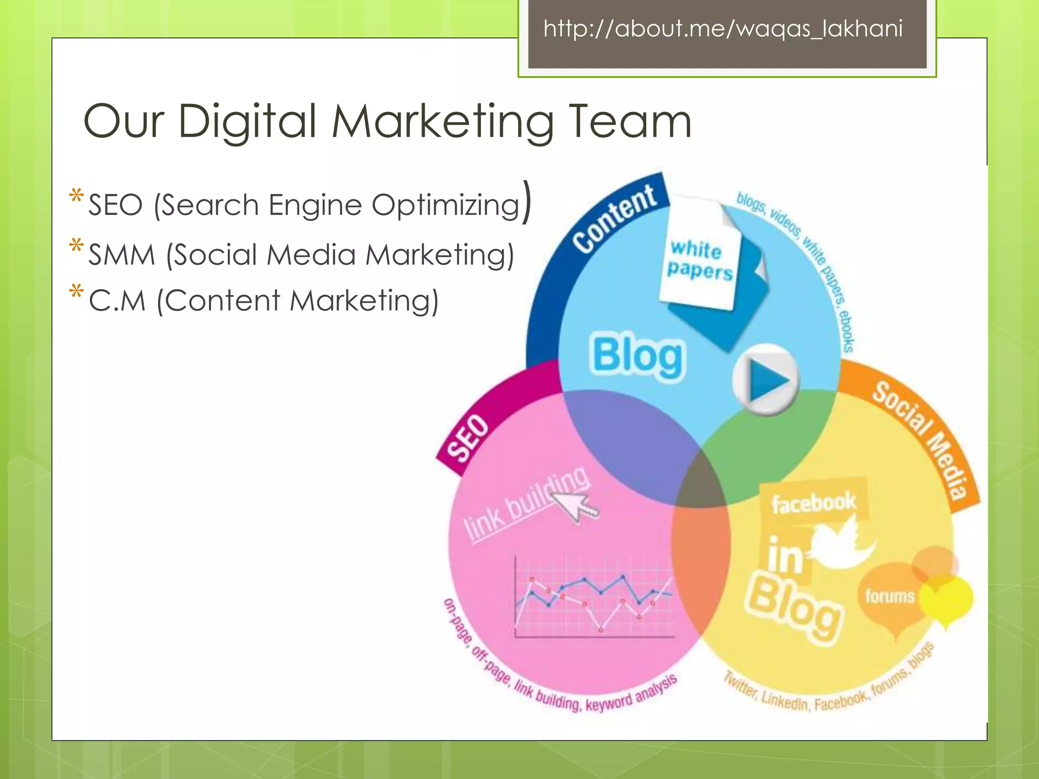 Our Digital Marketing Team 
*SEO (Search Engine Optimizing) 
*SMM (Social Media Marketing) 
*C.M (Content Marketing) 
http://about.me/waqas_lakhani 
 