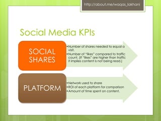 http://about.me/waqas_lakhani 
Social Media KPIs 
•Number of shares needed to equal a 
visit. 
•Number of “likes” compared to traffic 
count. (If “likes” are higher than traffic 
it implies content is not being read.) 
SOCIAL 
SHARES 
•Network used to share 
•ROI of each platform for comparison 
•Amount of time spent on content. PLATFORM 
 