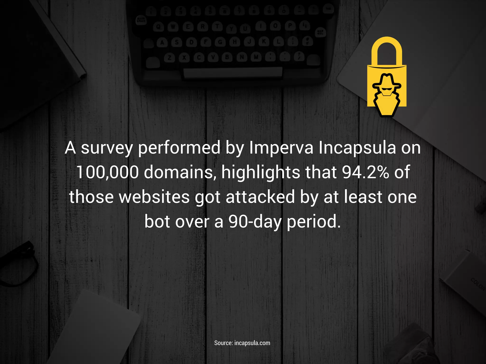 A survey performed by Imperva Incapsula on
100,000 domains, highlights that 94.2% of
those websites got attacked by at least one
bot over a 90-day period.
Source: incapsula.com
 