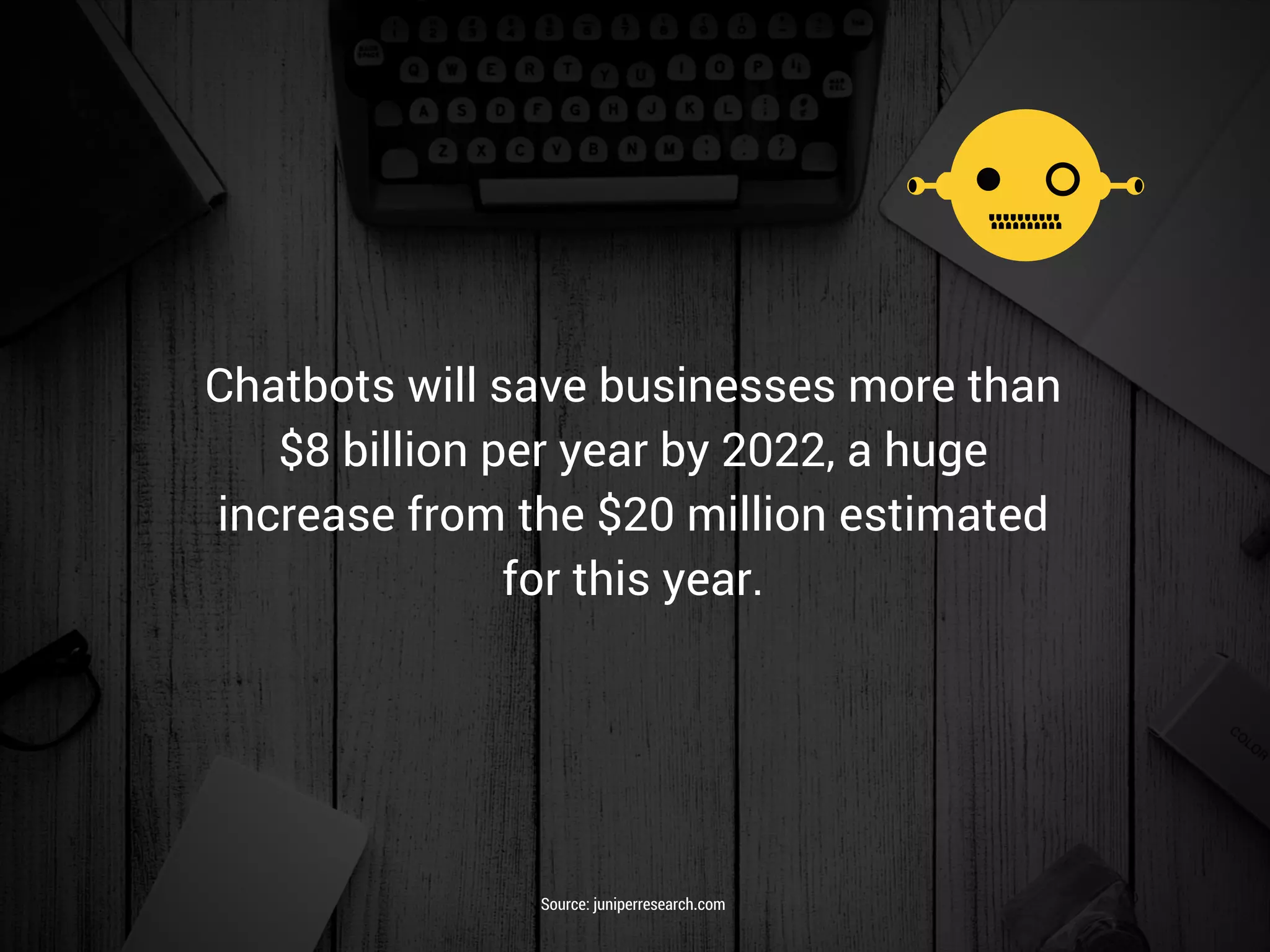 Chatbots will save businesses more than
$8 billion per year by 2022, a huge
increase from the $20 million estimated
for this year.
Source: juniperresearch.com
 