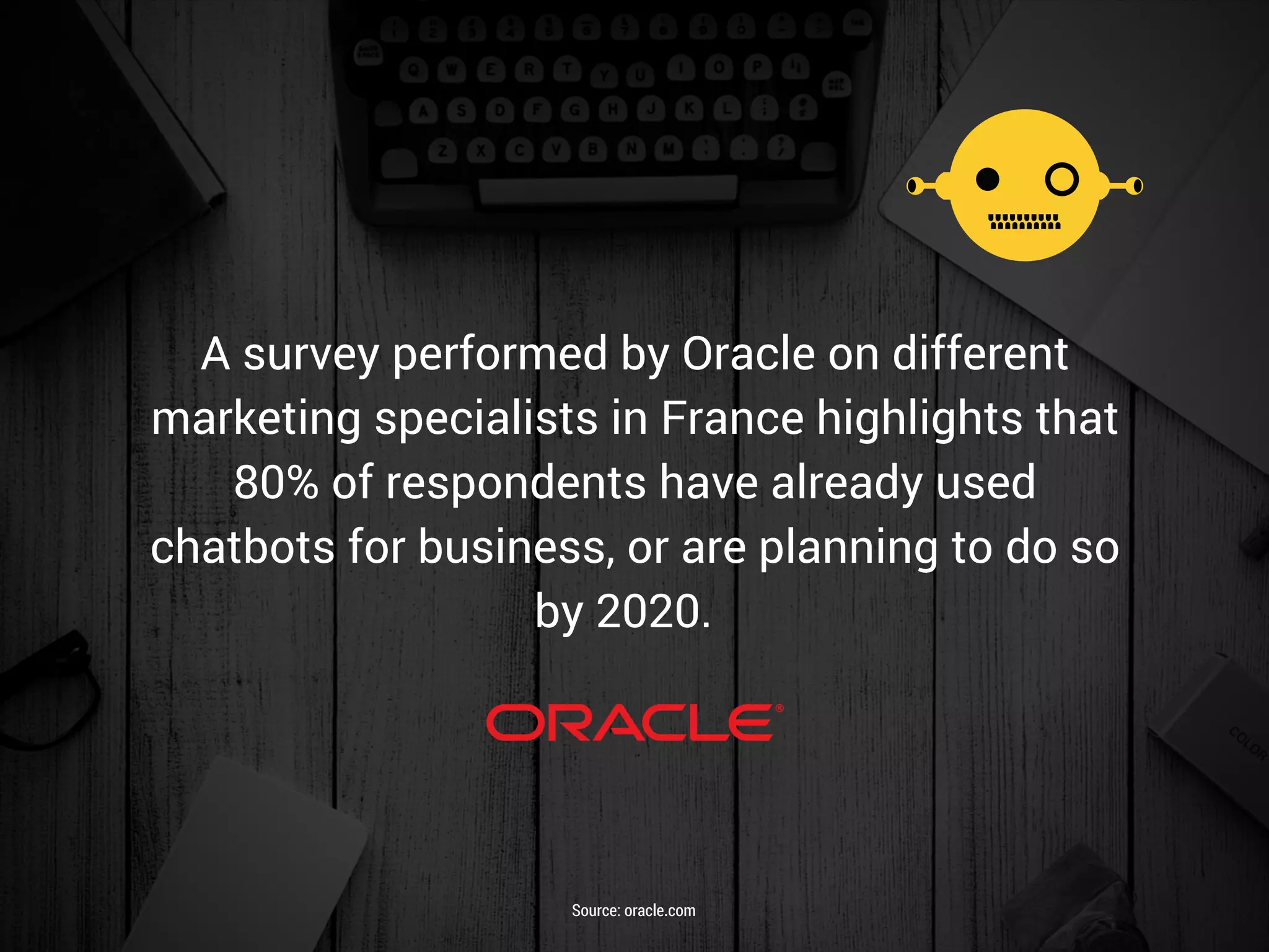 A survey performed by Oracle on different
marketing specialists in France highlights that
80% of respondents have already used
chatbots for business, or are planning to do so
by 2020.  
Source: oracle.com
 