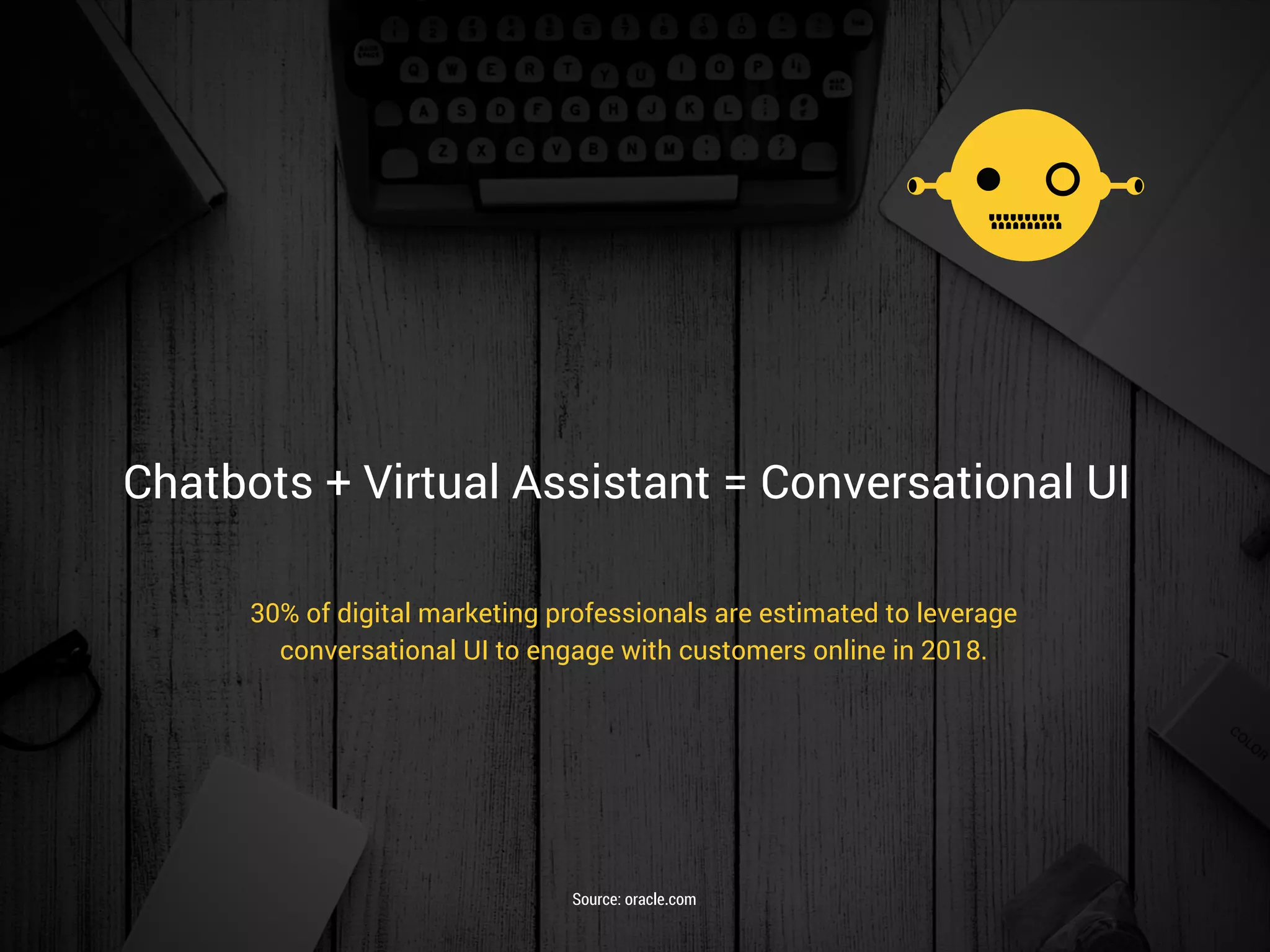 Chatbots + Virtual Assistant = Conversational UI
30% of digital marketing professionals are estimated to leverage
conversational UI to engage with customers online in 2018.
Source: oracle.com
 